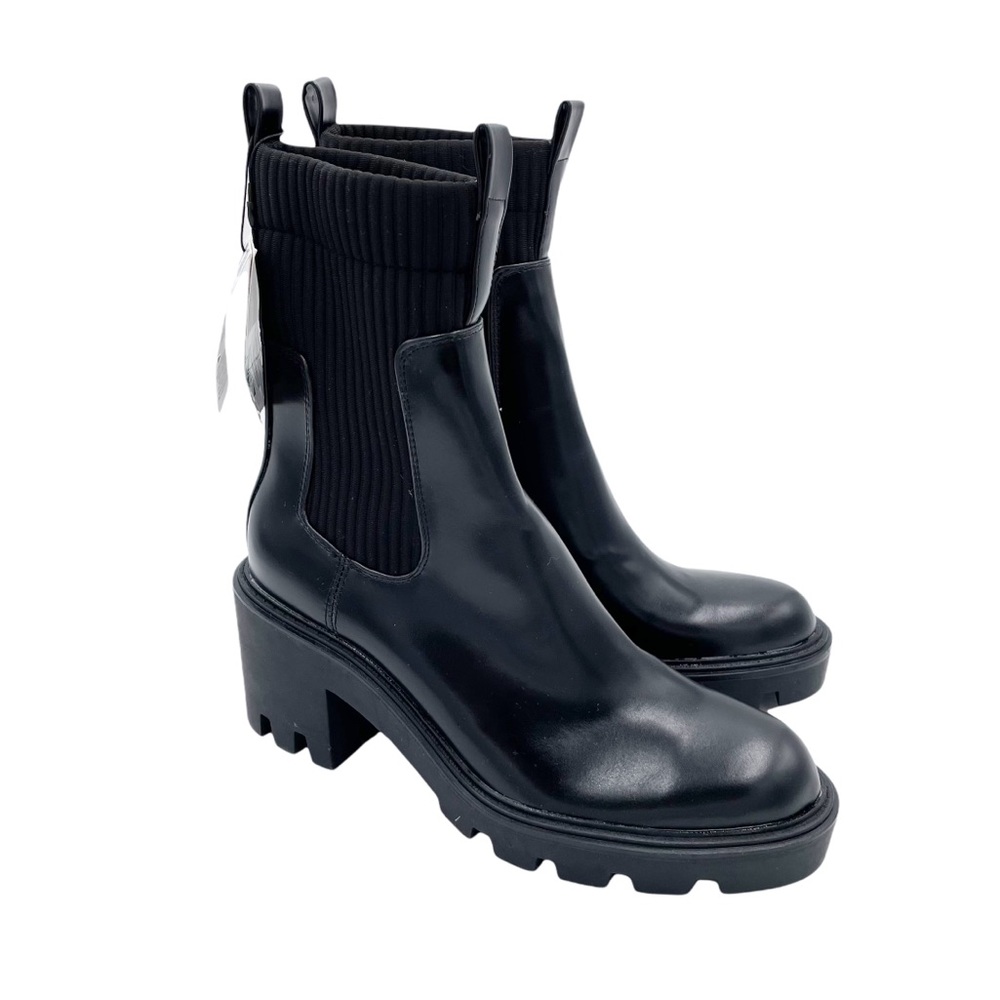 NEW Zara Chunky Black Lug Sole Heeled Chelsea Sock Boots Size 40 / US Size 9